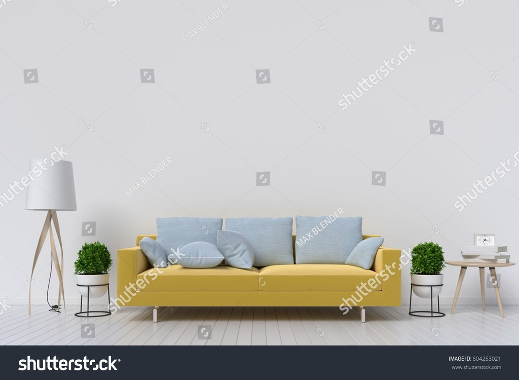 White Living Room Interior With Yellow Fabric Sofa