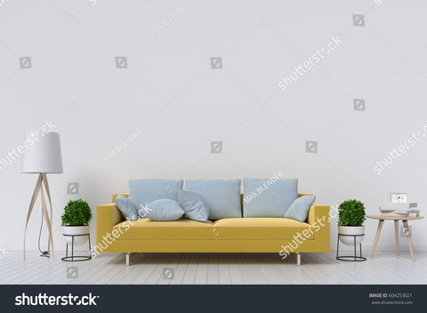 White Living Room Interior With Yellow Fabric Sofa